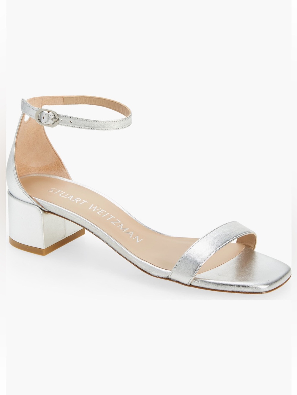 NEW Stuart Weitzman Nudistcurve 35 Block Heel Sandal in Silver